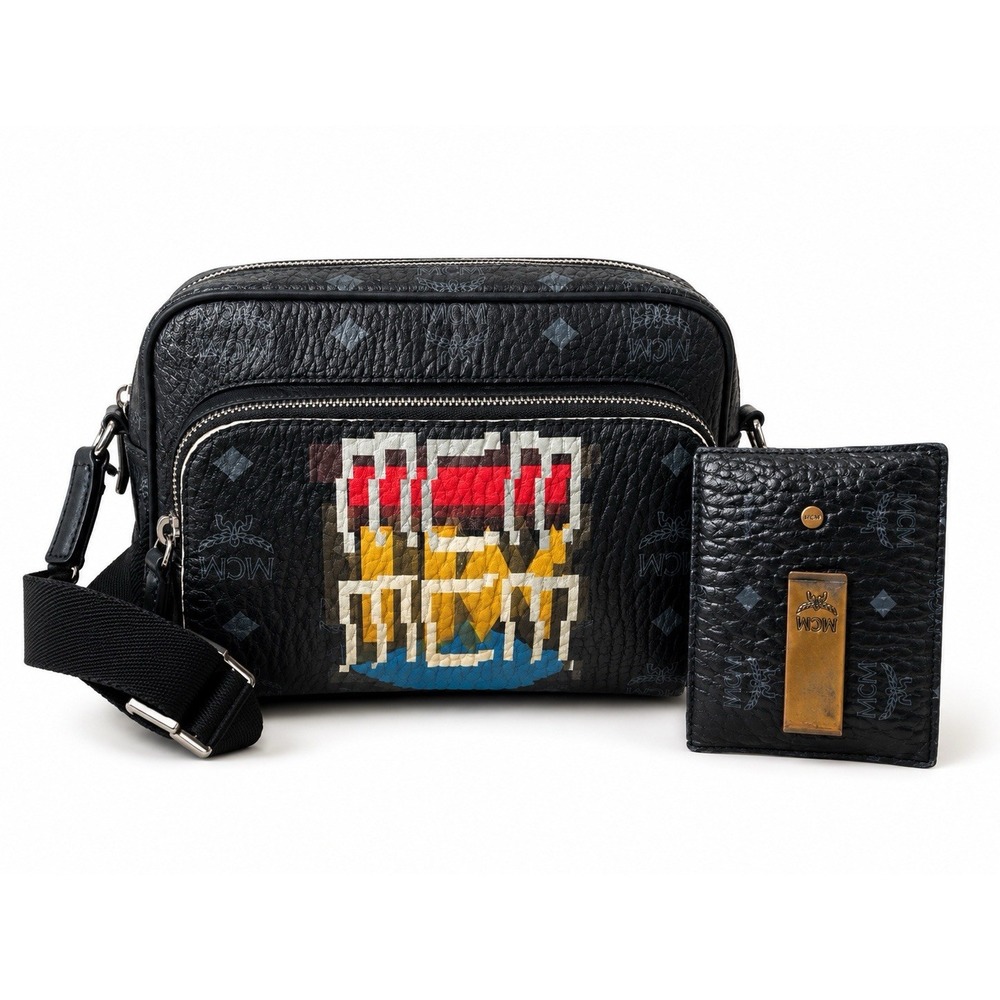 MCM Visetos Crossbody Bag With Matching Money Clip Card Holder